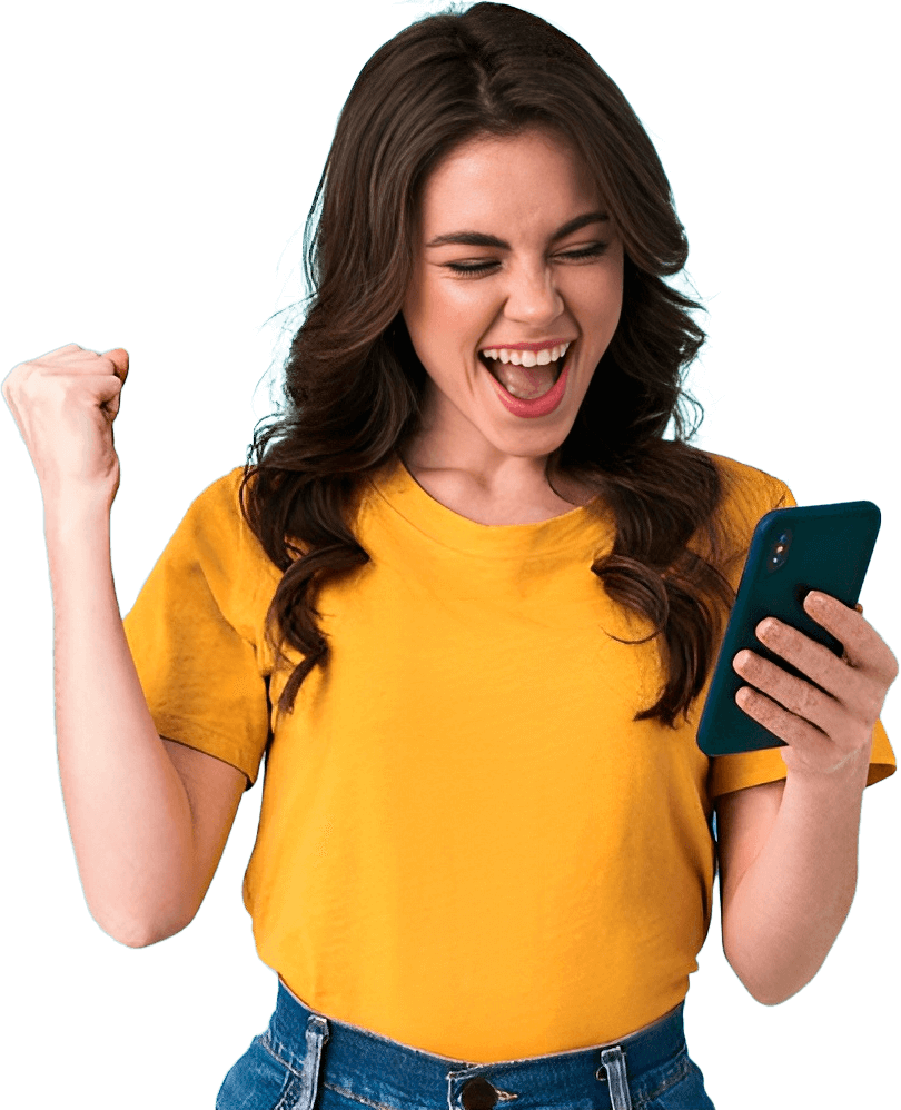 Excited woman looking at her phone